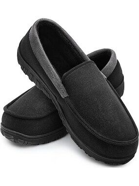 Shoeslocker Mens Size 14 Moccasin Slippers Black Non Slip Memory Foam Microsuede